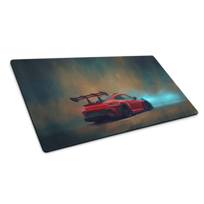 Red sports car graphic on rectangular crimson apex xl gaming mousepad inspired by porsche 911 gt3 rs