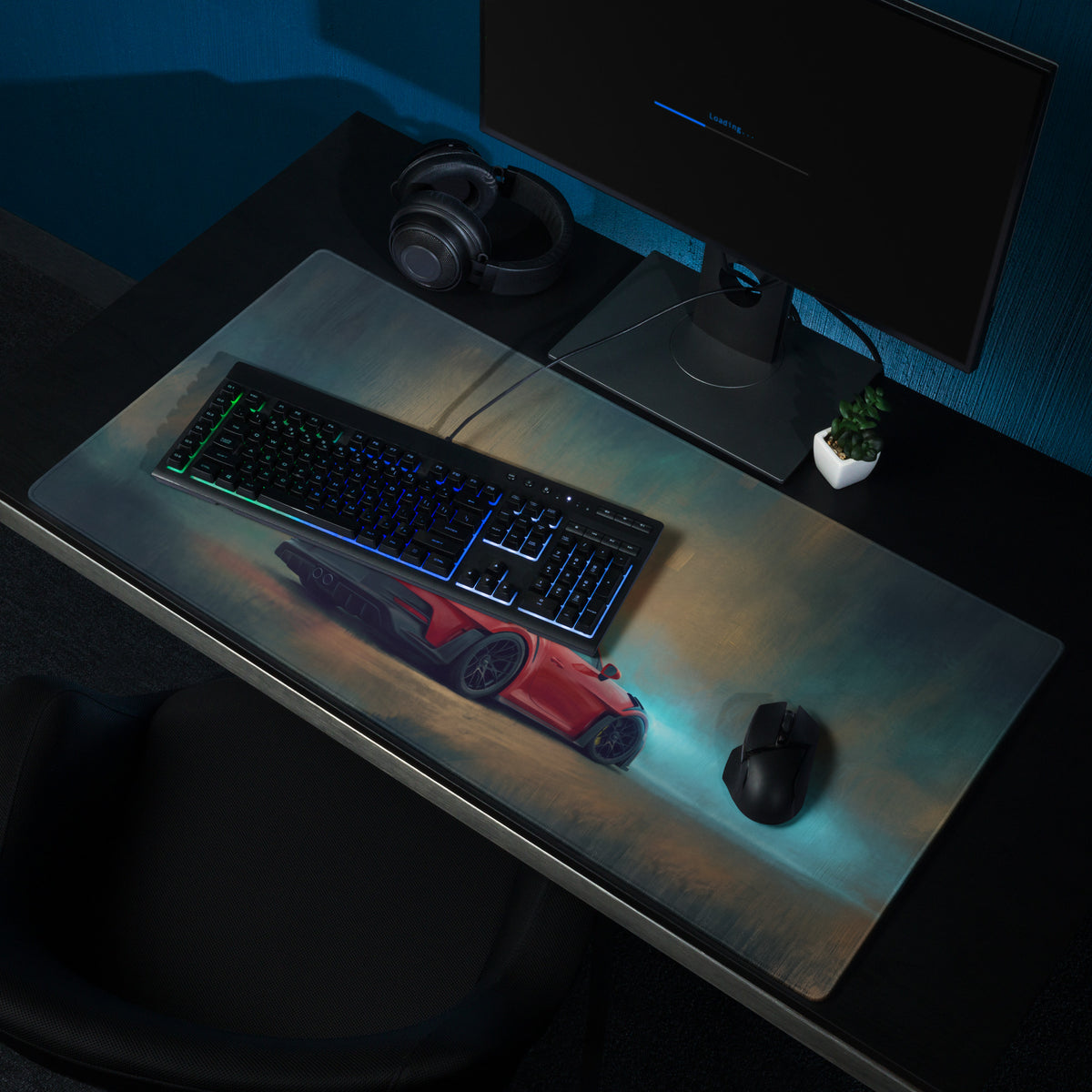 Red sports car graphic printed on a sleek metallic-finish porsche 911 gt3 rs inspired crimson apex xl gaming mousepad