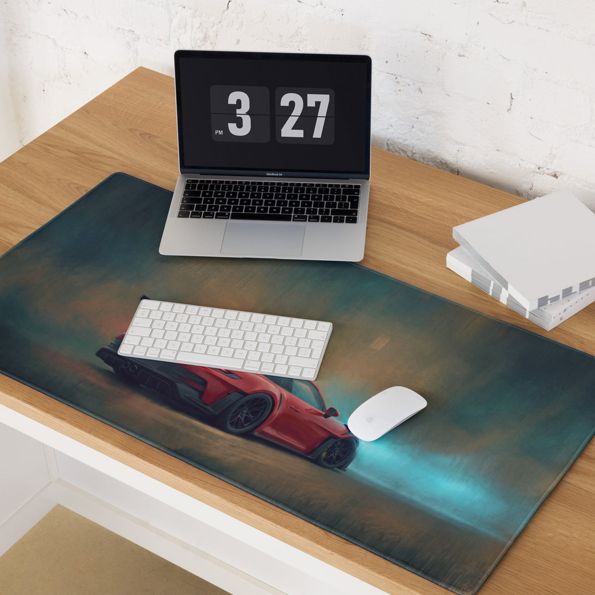 Porsche 911 gt3 rs inspired crimson apex desk mat with red sports car graphic on dark surface and teal glowing accents