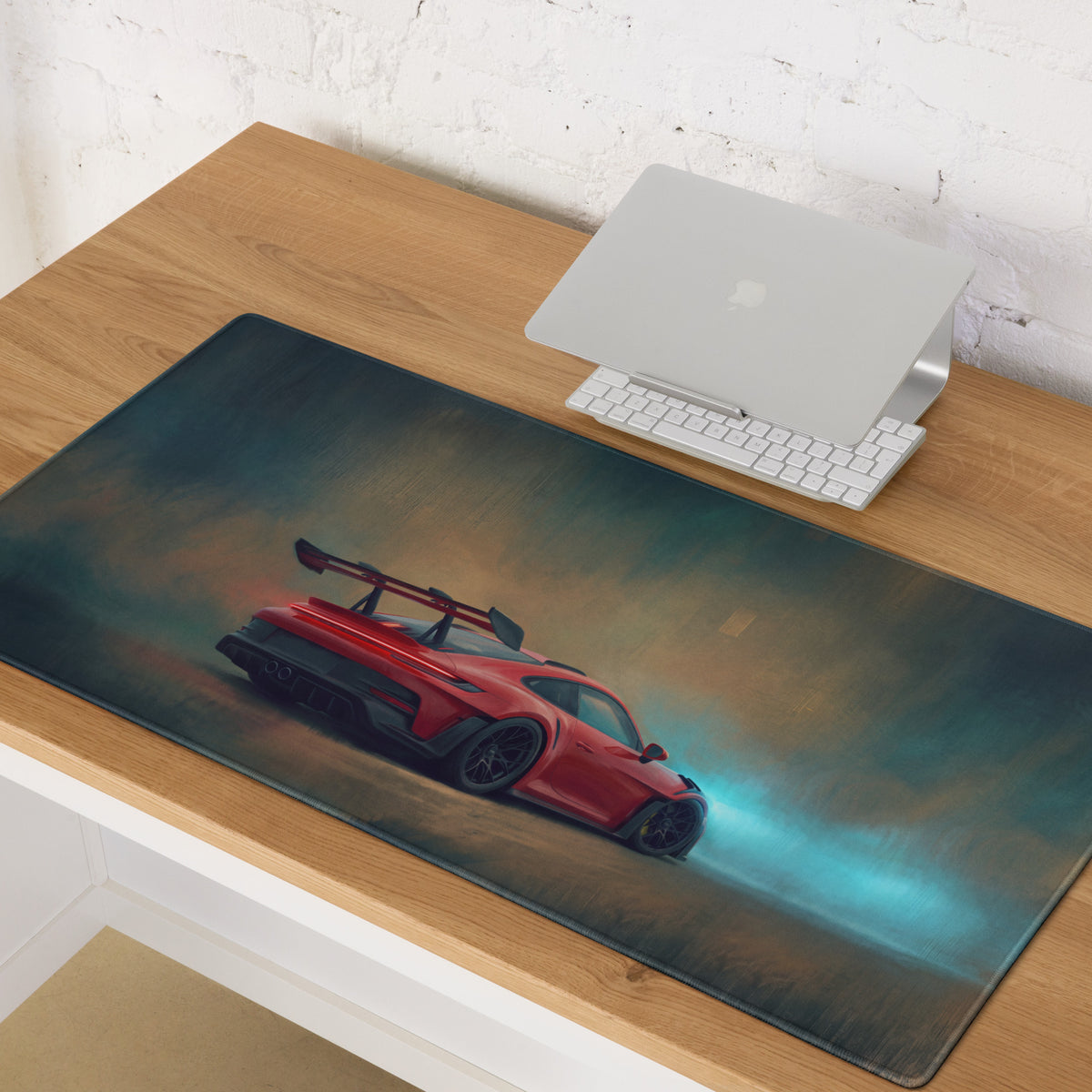 Red sports car graphic printed on a large crimson XL desk mat high precision gaming mousepad