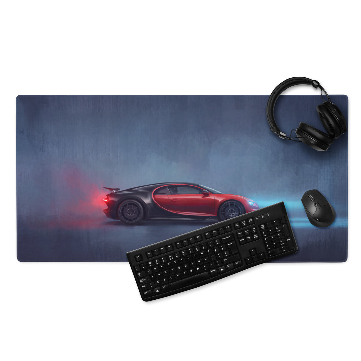 Bugatti chiron sport inspired two-tone rosso desk mat featuring red and black bugatti chiron graphic on low-friction cloth mousepad