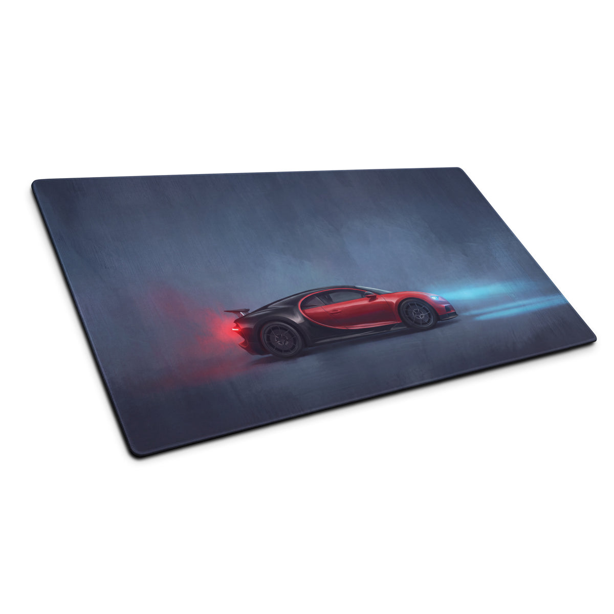 Bugatti chiron sport inspired two-tone rosso desk mat featuring a red and black bugatti chiron graphic on low-friction cloth