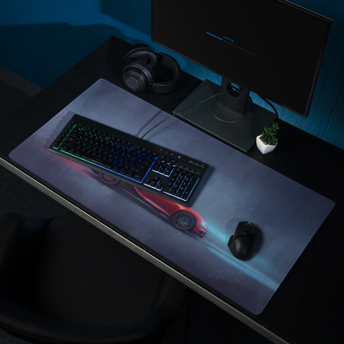 Bugatti chiron sport inspired two-tone rosso desk mat featuring a red sports car graphic on dark gray low-friction cloth