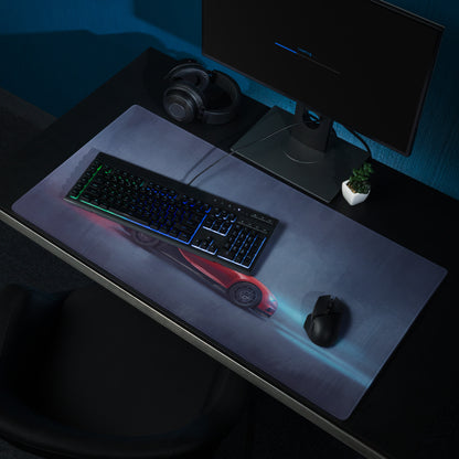 Bugatti chiron sport inspired two-tone rosso desk mat featuring a red sports car graphic on dark gray low-friction cloth