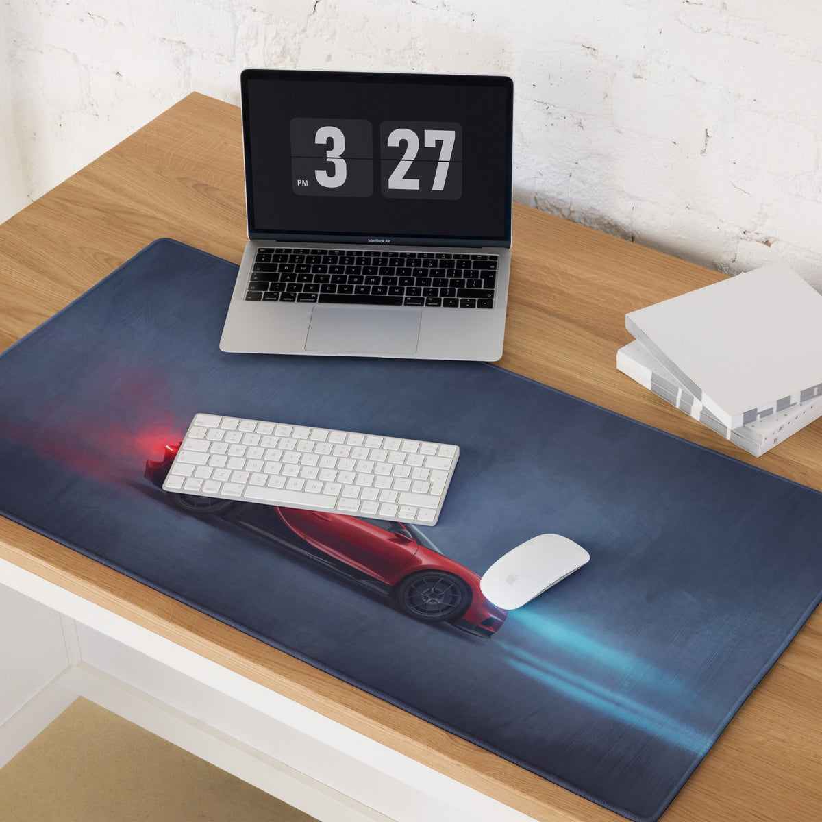 A sleek navy blue low-friction cloth mousepad featuring a vibrant red Bugatti Chiron Sport inspired sports car design