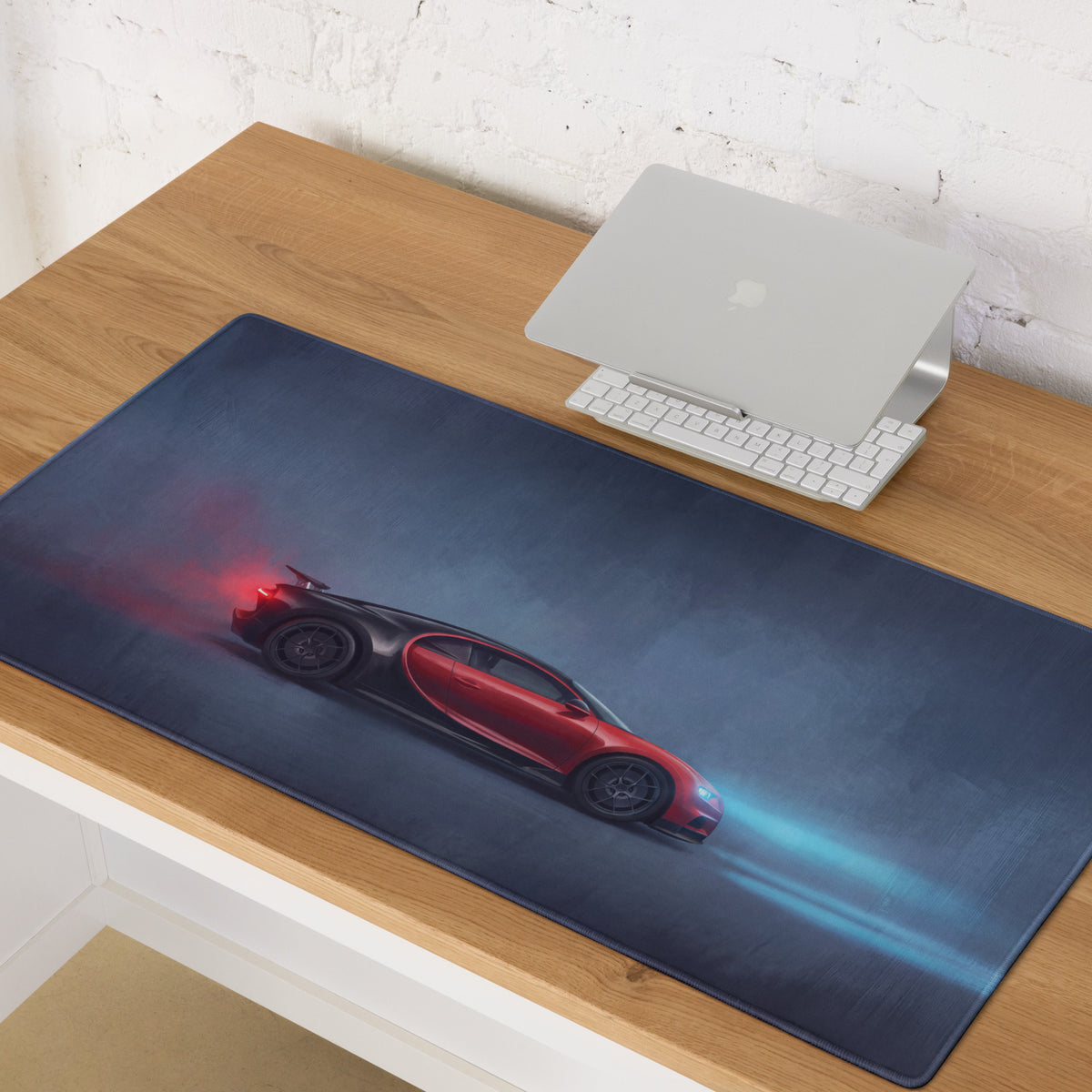 Dark blue low-friction cloth mousepad featuring a red and black Bugatti Chiron sports car graphic design