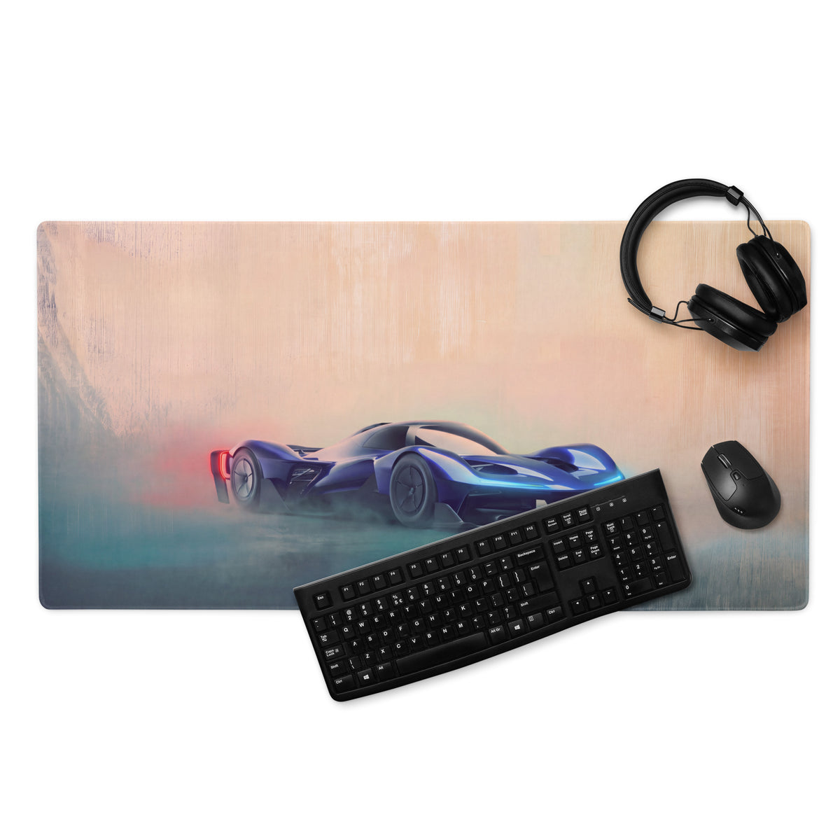 Rb17 inspired sapphire hyper desk pad featuring blue futuristic race car graphic on extended non-slip mouse mat