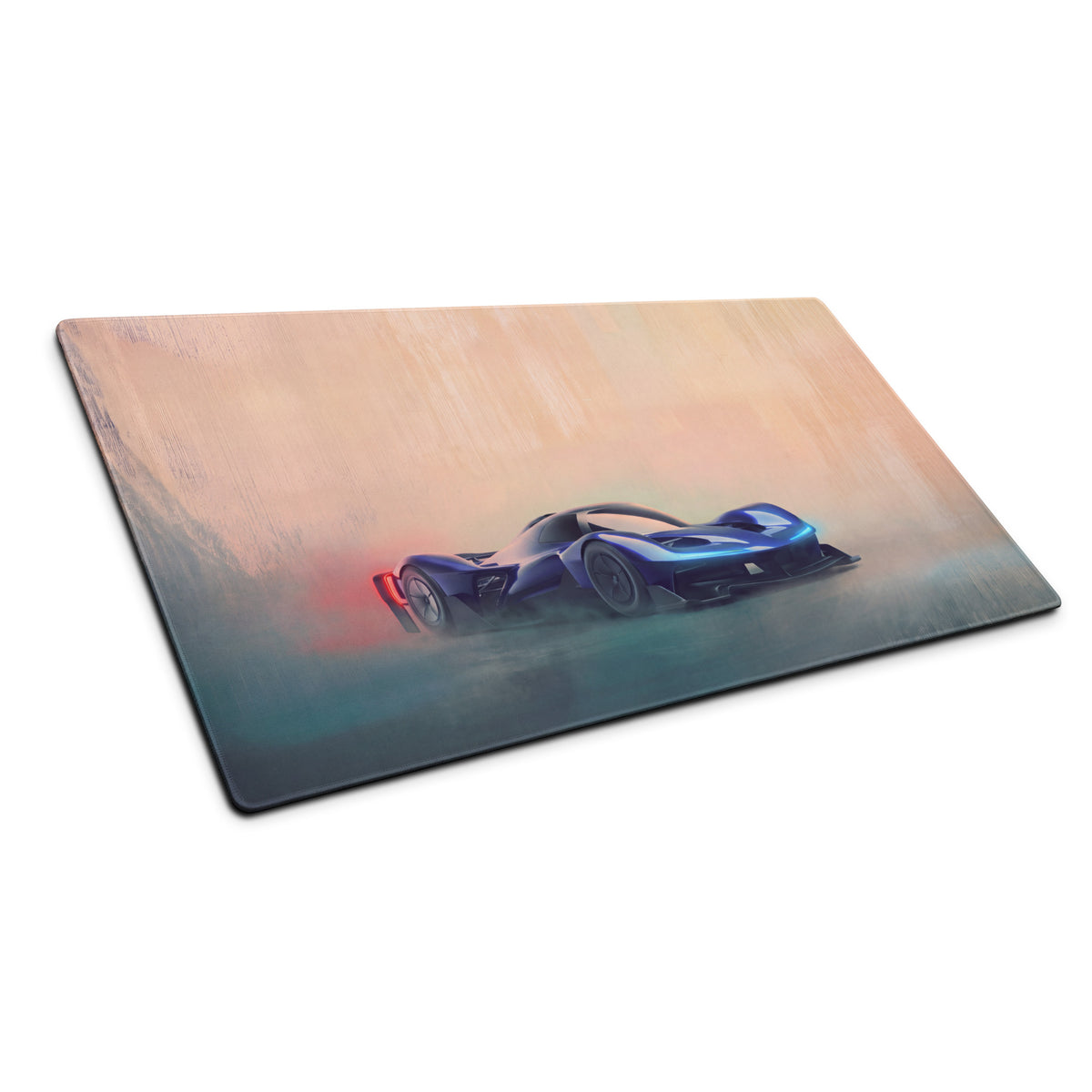 Rb17 inspired sapphire hyper desk pad featuring a blue and black futuristic race car graphic on a non-slip gaming mousepad