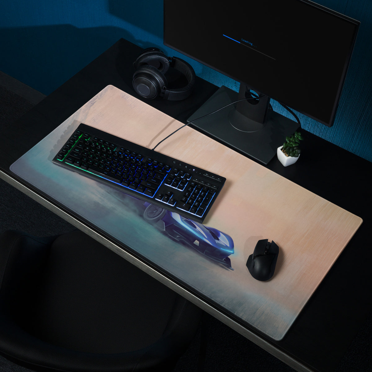 Rb17 inspired sapphire hyper desk pad extended non-slip pc mouse mat with vibrant blue and silver futuristic car design