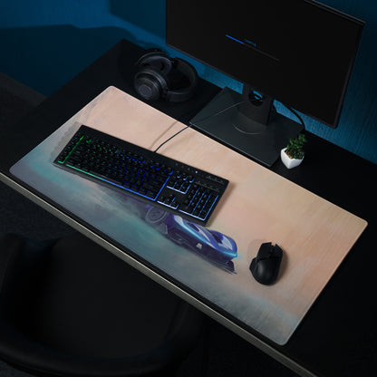 Rb17 inspired sapphire hyper desk pad extended non-slip pc mouse mat with vibrant blue and silver futuristic car design