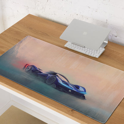 Rb17 inspired sapphire hyper desk pad featuring blue futuristic race car graphic on a soft textured non slip mousepad