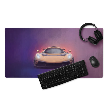 Purple high precision xl gaming mousepad with koenigsegg jesko inspired gold hypercar and glowing blue headlights