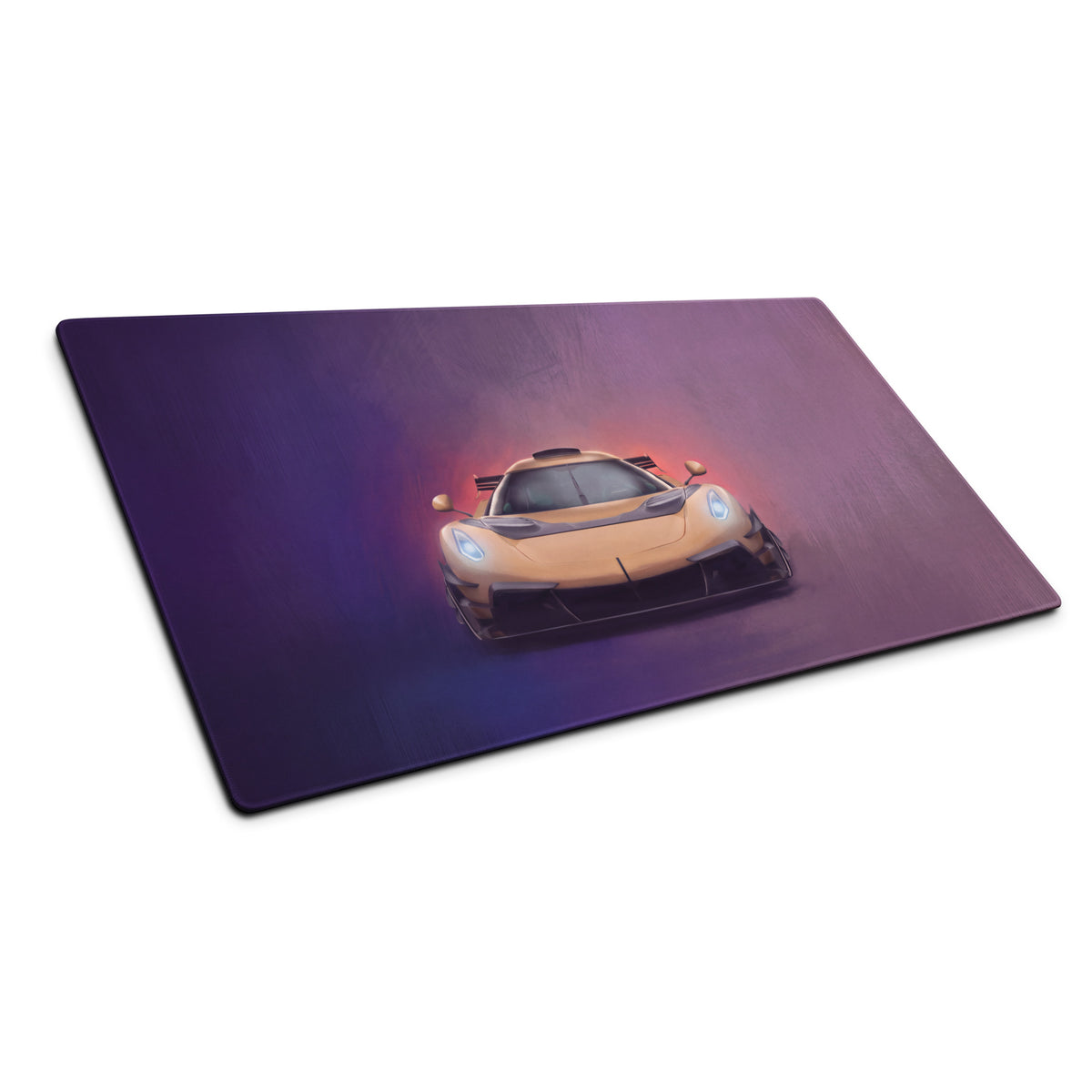 Rectangular gaming mousepad featuring a vibrant golden koenigsegg jesko sports car illustration on a purple orange gradient background