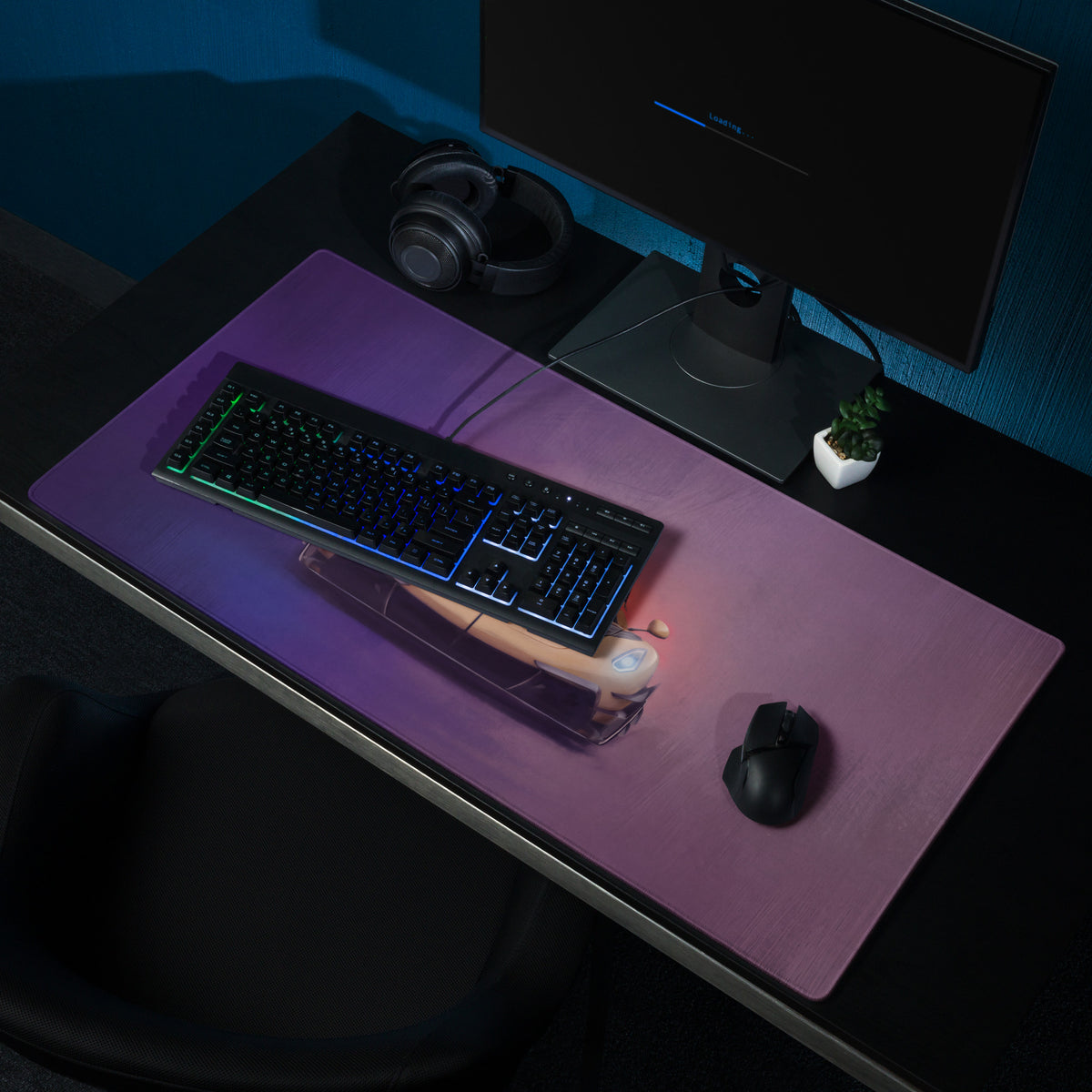 Koenigsegg Jesko inspired gold frontale purple gaming mousepad with smooth surface and black keyboard and mouse on top