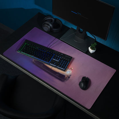Koenigsegg Jesko inspired gold frontale purple gaming mousepad with smooth surface and black keyboard and mouse on top