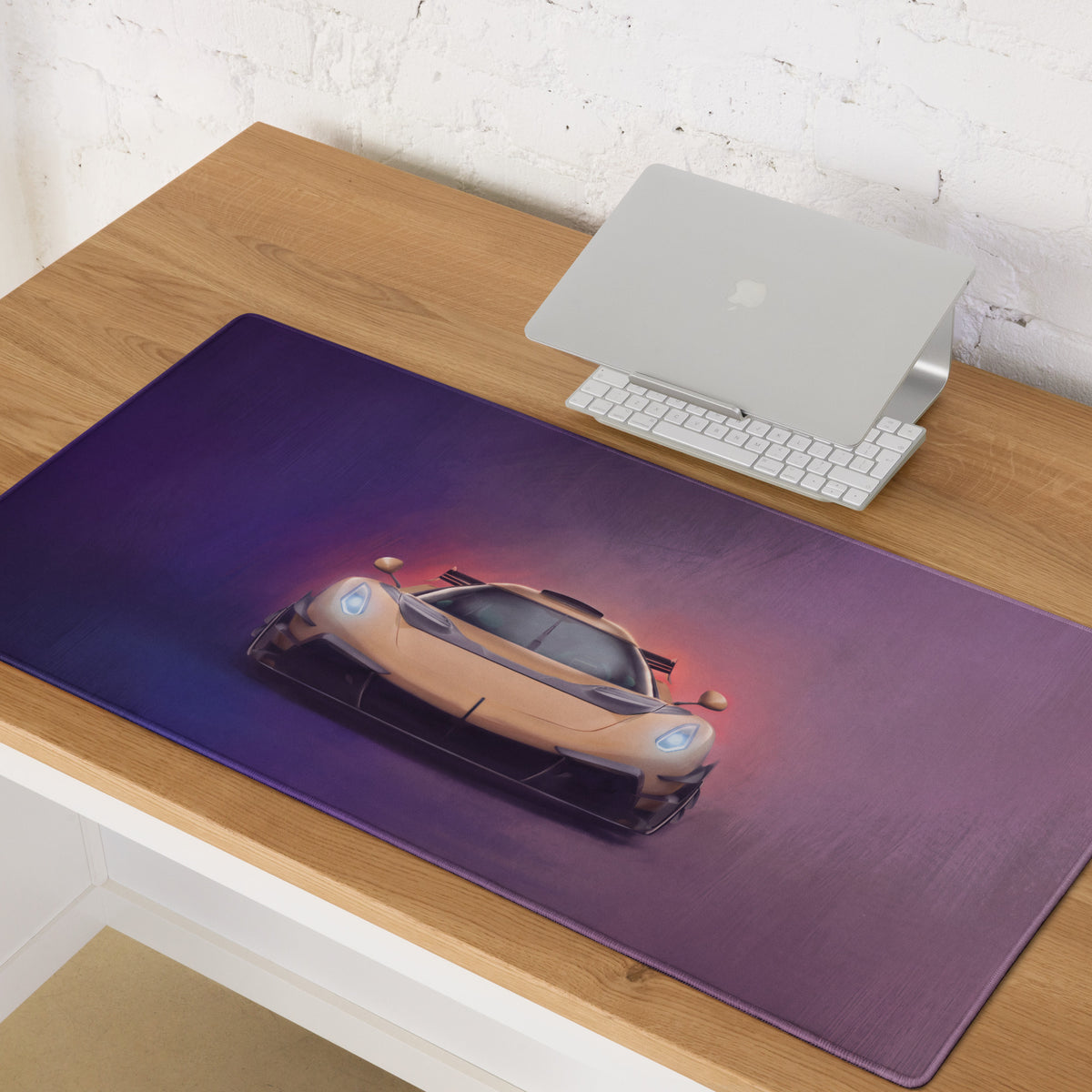 Purple rectangular high-precision xl gaming mousepad featuring an orange koenigsegg jesko inspired sports car illustration