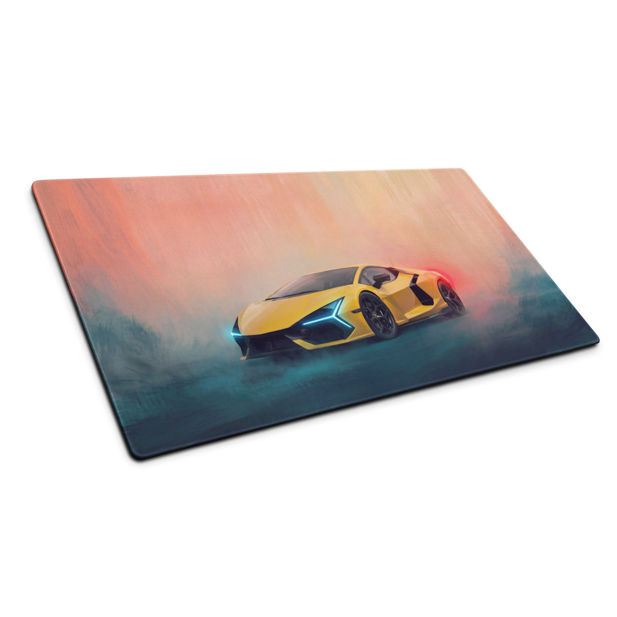 Yellow lamborghini sports car graphic printed on rectangular giallo electra desk pad with gradient orange teal background