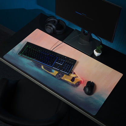 Lamborghini revuelto inspired giallo electra ultra-glide stitched edge gaming mousepad with yellow sports car design