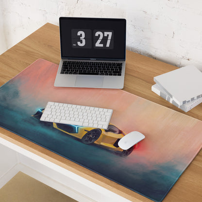 A vibrant Lamborghini Revuelto inspired giallo electra desk pad featuring a yellow sports car on a pink teal gradient background