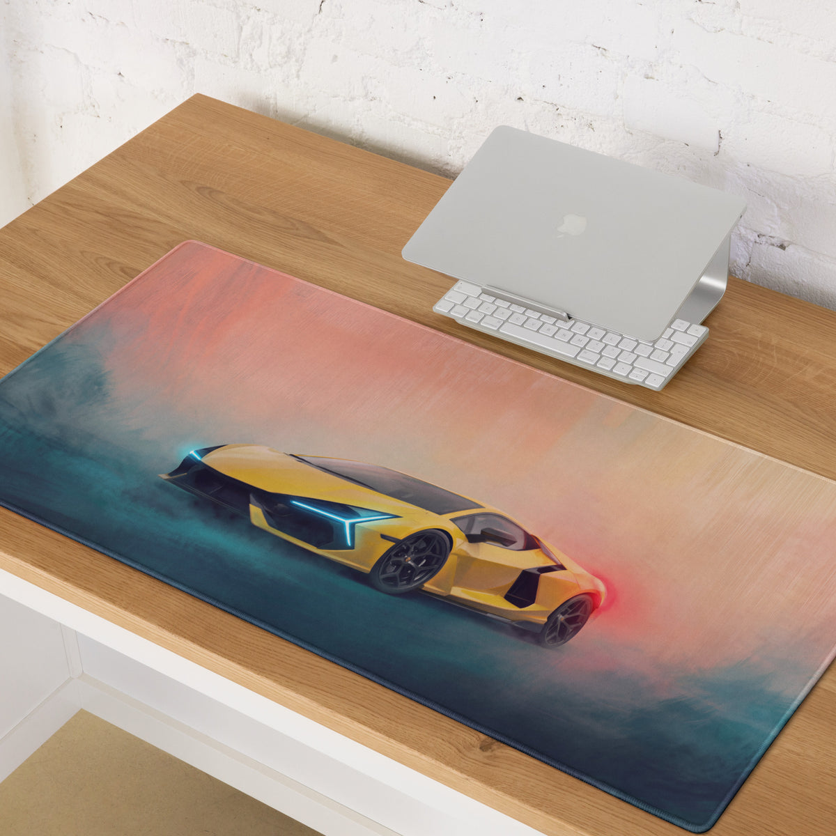 Yellow Lamborghini Revuelto inspired Giallo Electra desk pad with stitched edges and glowing blue red accents for gaming