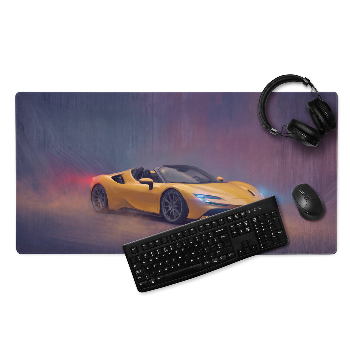 Vibrant yellow ferrari sf90 spider inspired giallo modena desk mat with low-friction cloth and motion blur design