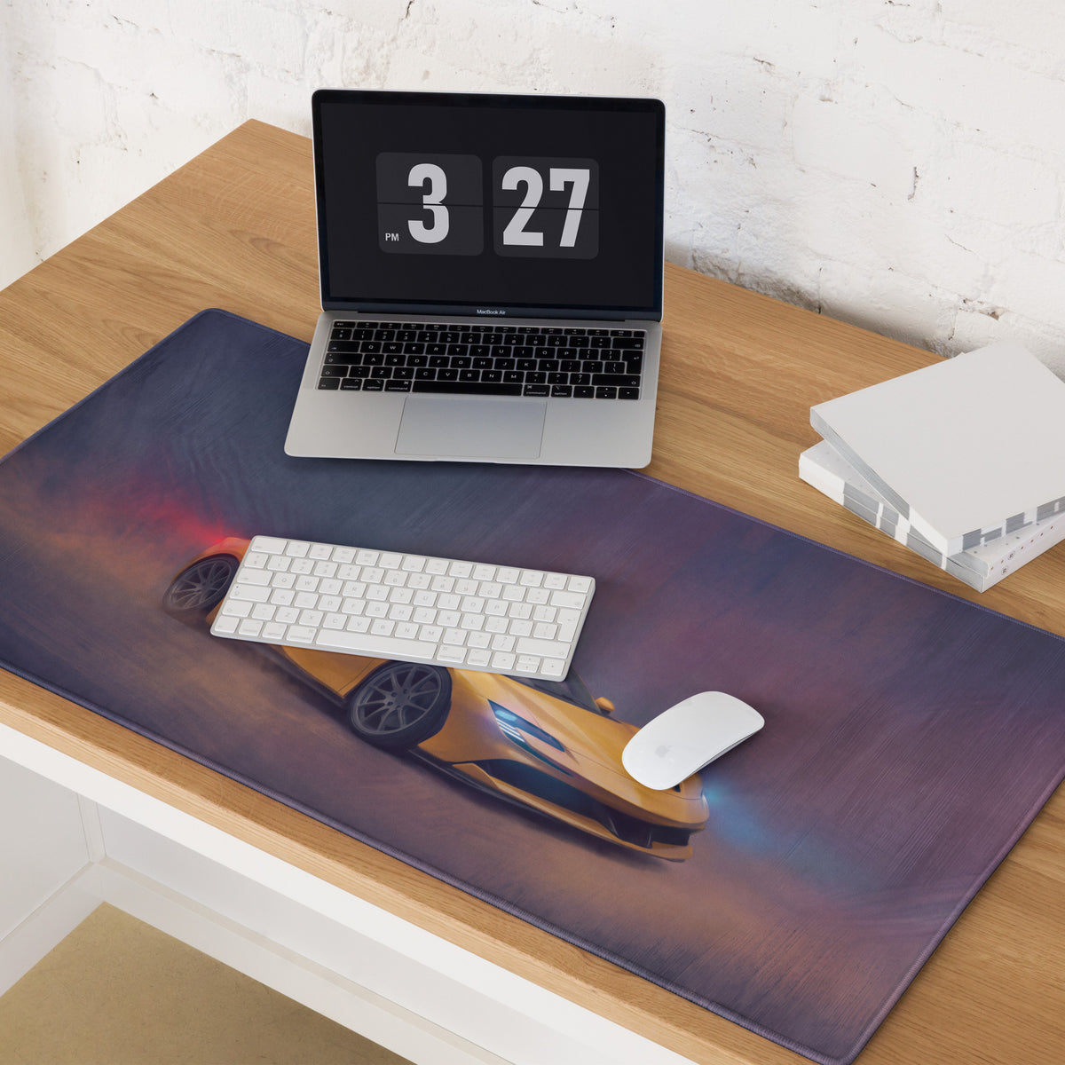 Ferrari sf90 spider inspired giallo modena desk mat with vibrant yellow sports car graphic on dark purple cloth mousepad
