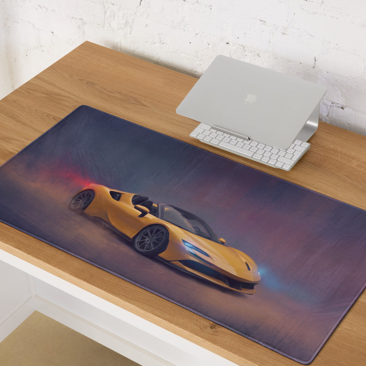 Vibrant yellow Ferrari SF90 Spider inspired Giallo Modena graphic on dark low-friction cloth desk mat mousepad