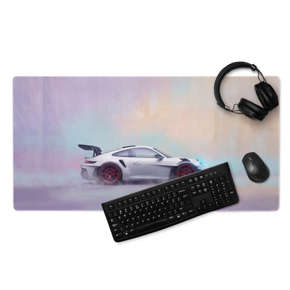 A rectangular non-slip gaming mousepad featuring a sleek white Porsche 911 GT3 RS inspired sports car with red rims and spoiler