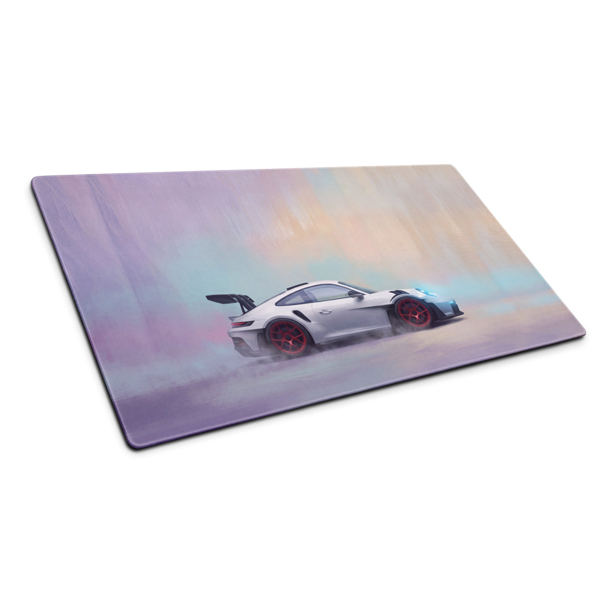 Silver porsche sports car with red wheels on an iridescent rectangular non-slip porsche 911 gt3 rs inspired desk pad