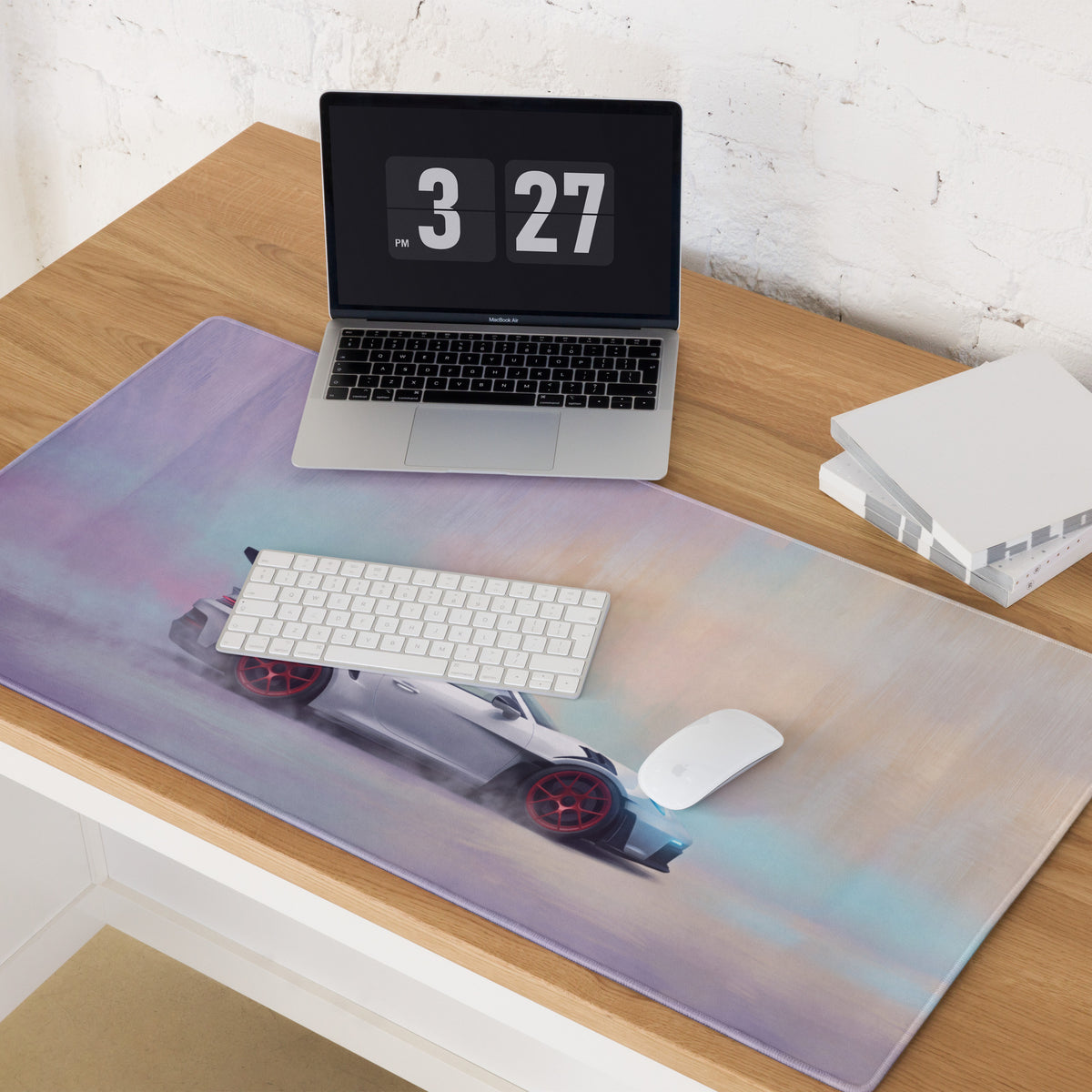 Porsche 911 gt3 rs inspired chalk red accent extended non-slip gaming mousepad with white sports car graphic