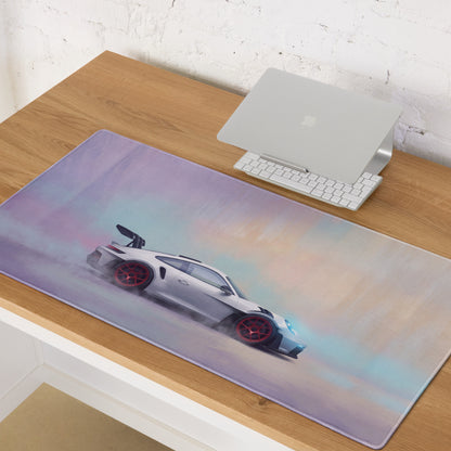 A sleek rectangular gaming mousepad with a white Porsche 911 GT3 RS inspired red accent drifting graphic