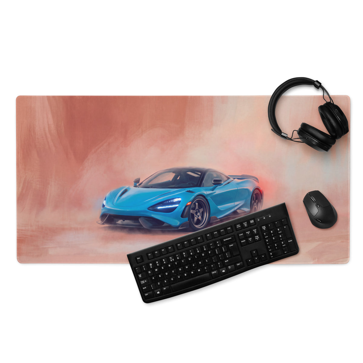 Blue mclaren 765lt inspired curacao blue rectangular desk mat with sports car graphic for high precision gaming