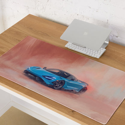 Blue McLaren sports car graphic on a transparent xl desk mat inspired by McLaren 765LT for high precision gaming