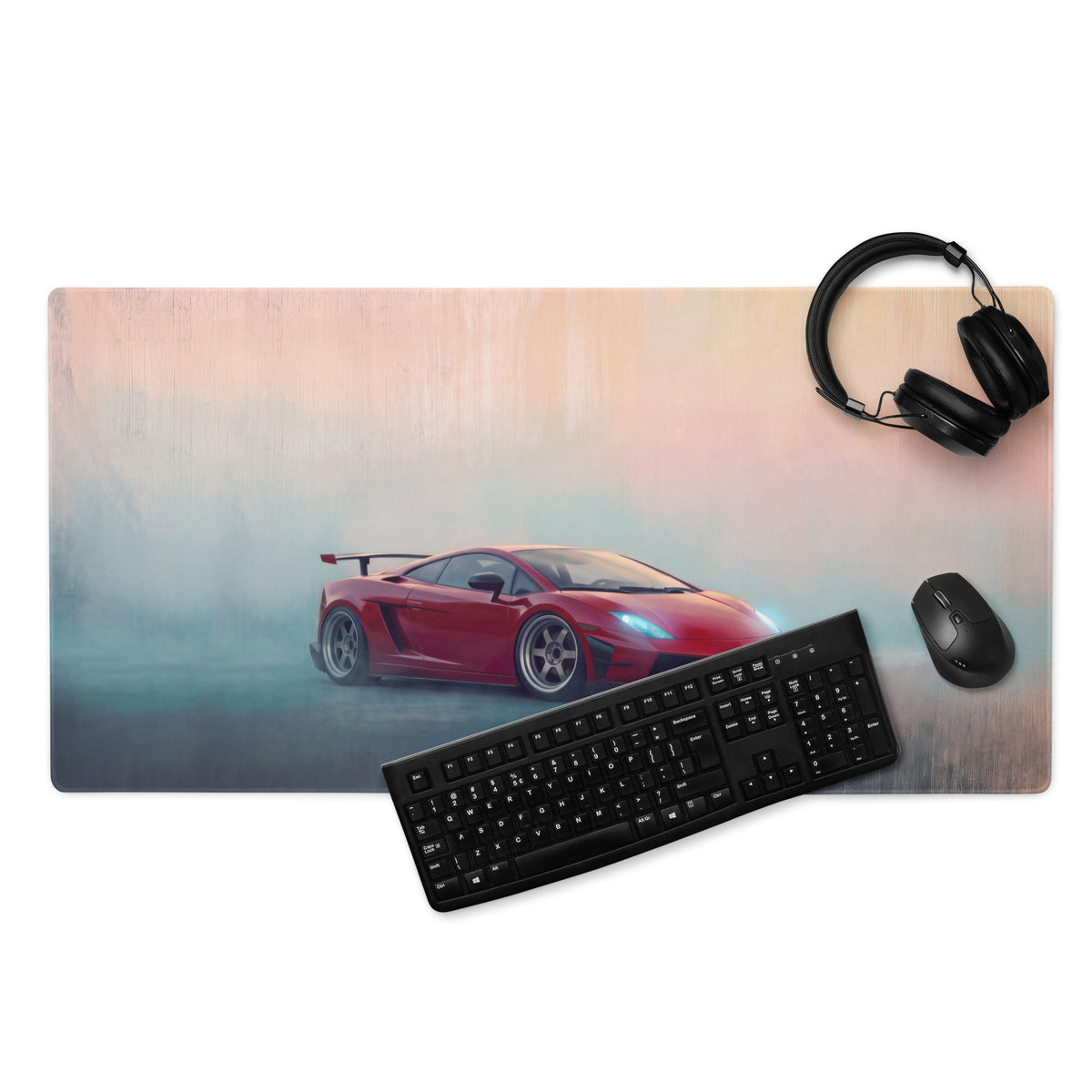 Red Lamborghini Gallardo inspired low-friction cloth desk mat featuring a red sports car graphic for setup use