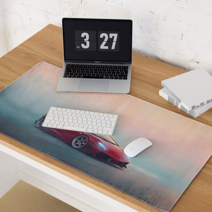 Lamborghini gallardo inspired rosso corsa desk mat with red sports car graphic on soft pink and blue gradient cloth mousepad