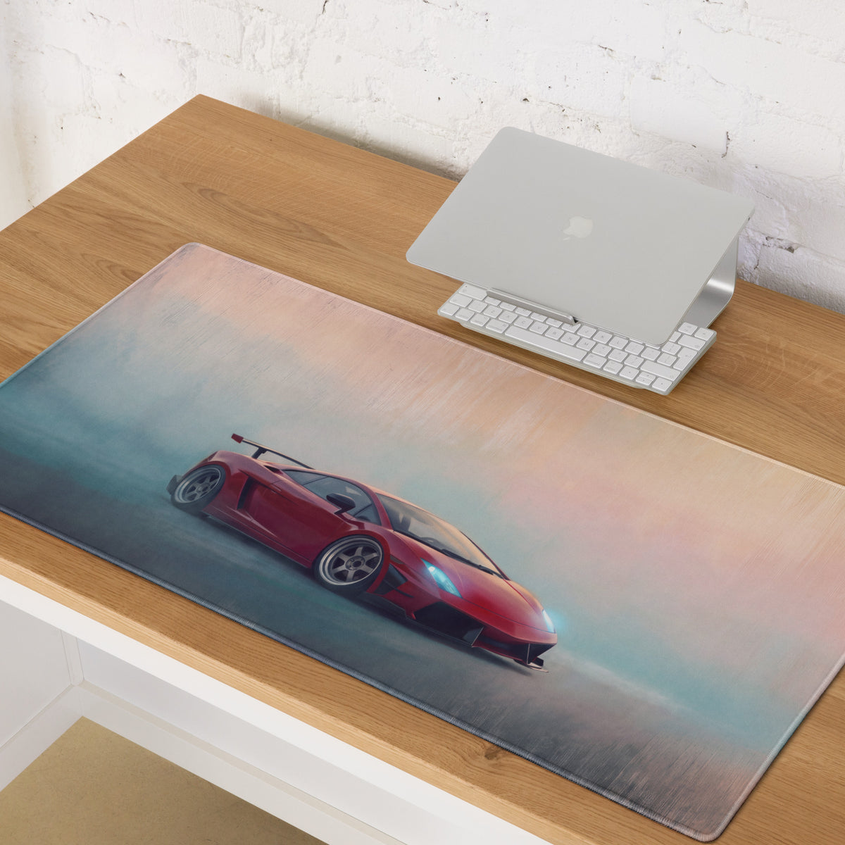 Red lamborghini gallardo inspired rosso corsa desk mat with glossy printed sports car graphic on low friction cloth surface
