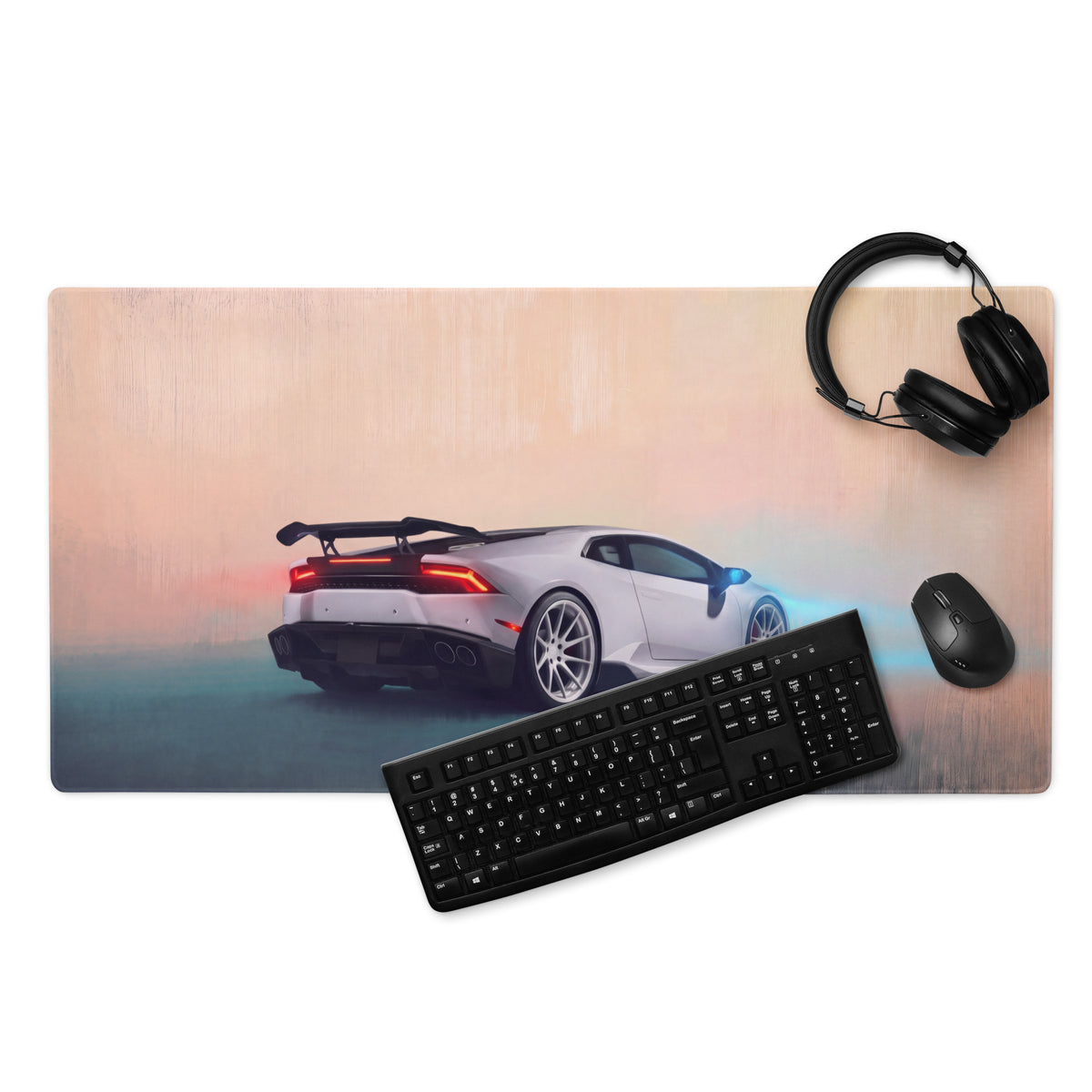 A sleek rectangular non-slip gaming mousepad featuring a white Lamborghini Huracán with red taillights at sunset