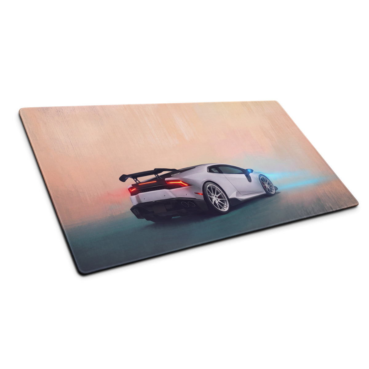 Silver lamborghini huracán inspired pearl apex extended non-slip desk pad with sports car graphic printed design