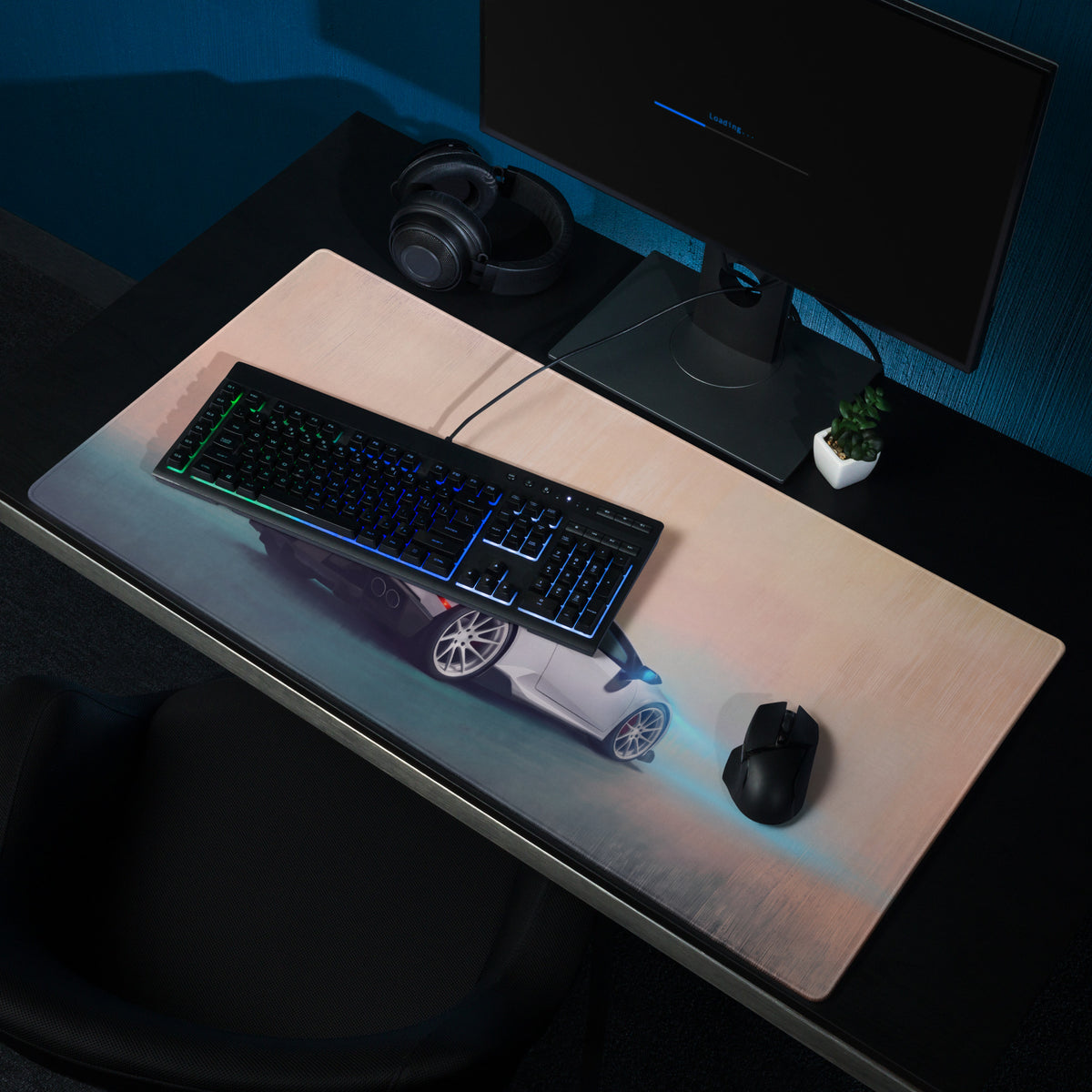 A sleek rectangular non-slip pc mouse pad featuring a white Lamborghini Huracán inspired sports car with blue accents and glowing effects