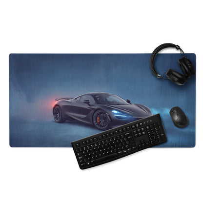 Black McLaren 720S graphic printed on a large blue high-precision XL gaming mousepad for stealthy desk setup