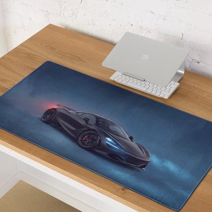 Black mclaren 720s inspired stealth onyx desk mat with supercar graphic on blue high precision xl gaming mousepad