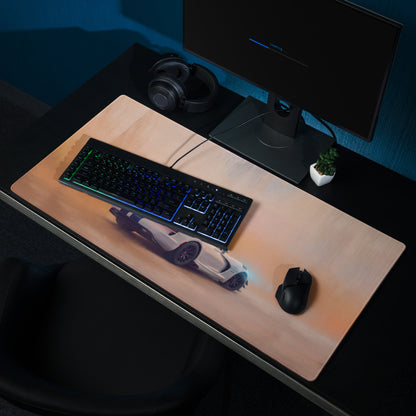 Light wood-finish gaming mousepad with detailed white Dodge Viper ACR graphic and blue glowing accents for ultra-glide use