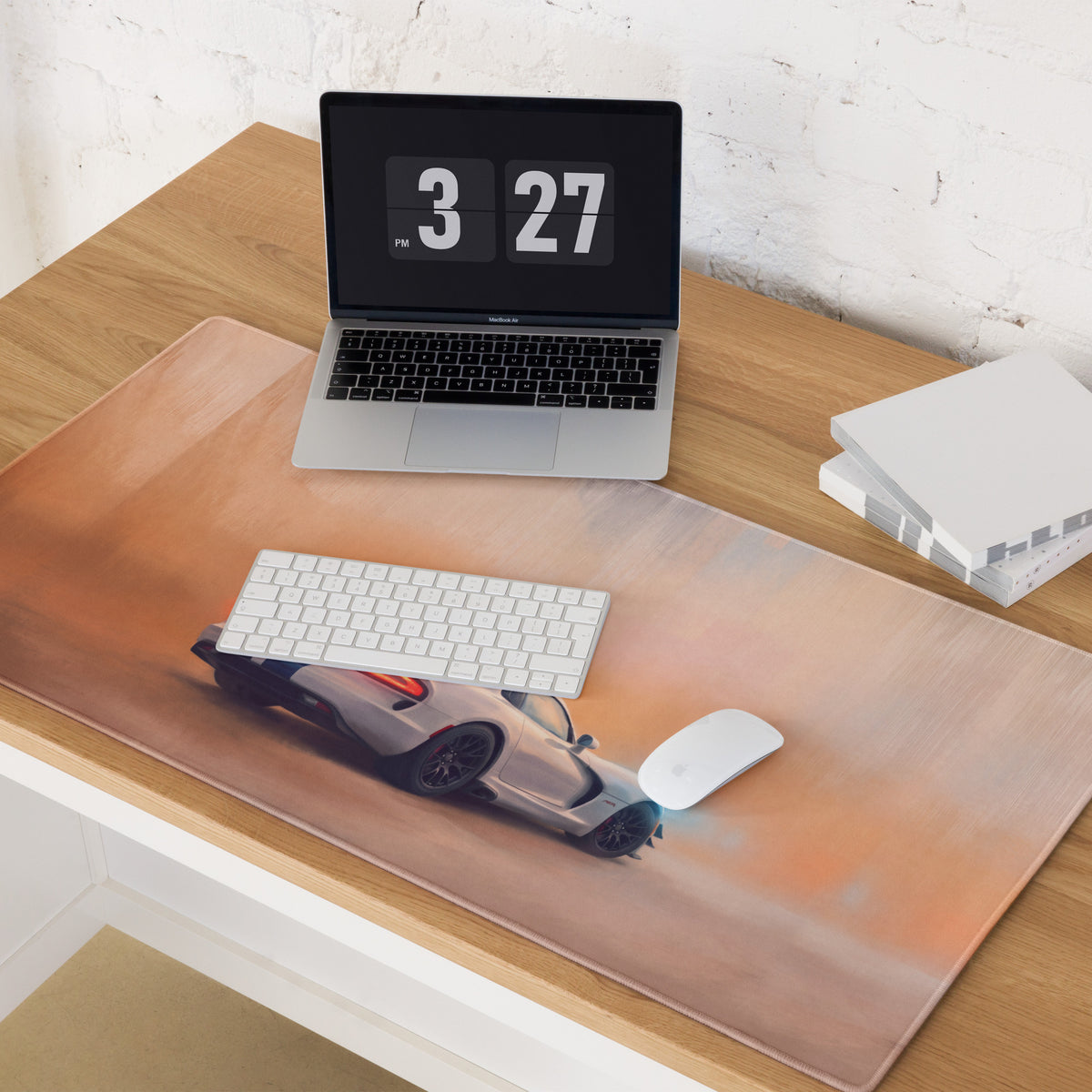 Dodge viper acr inspired gts blue stripe desk pad featuring a silver sports car on orange desert with stitched edge mouse mat