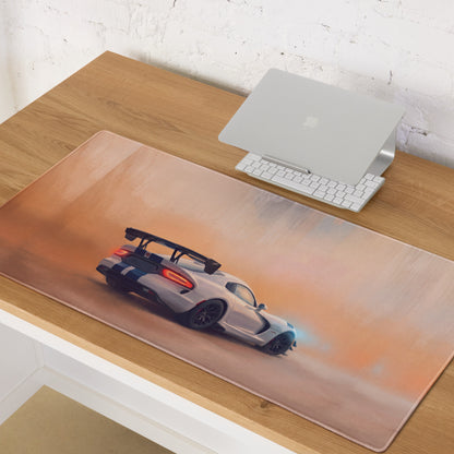 Dodge Viper ACR inspired blue stripe desk pad featuring a white sports car print with stitched edge for ultra-glide use