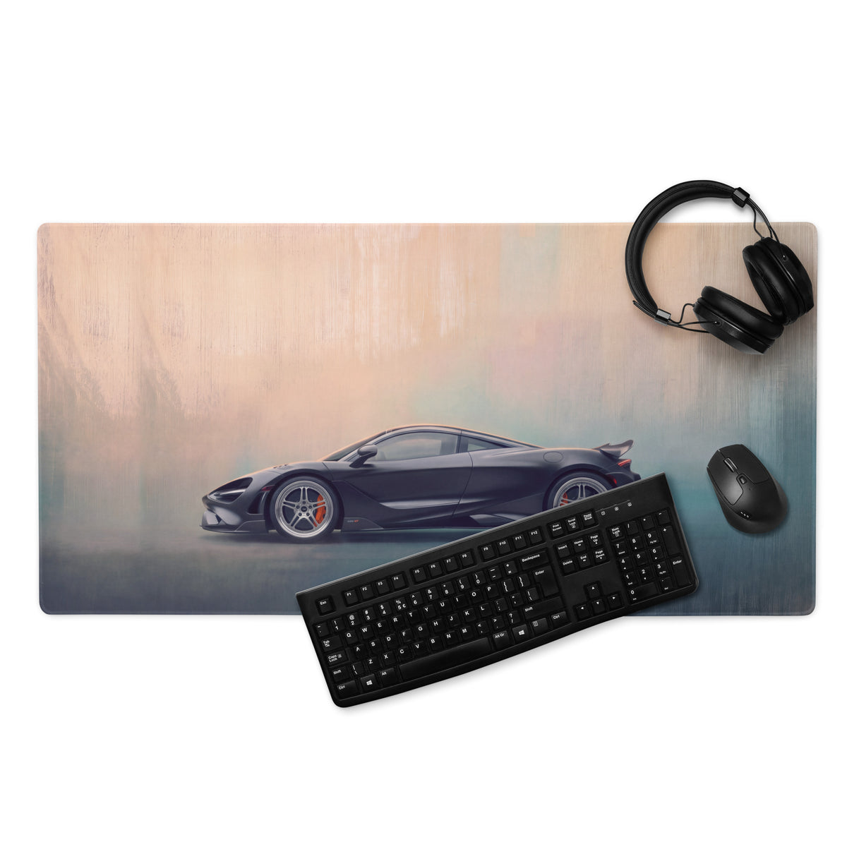 Black mclaren sports car graphic printed on rectangular low-friction cloth mclaren 765lt inspired desk mat