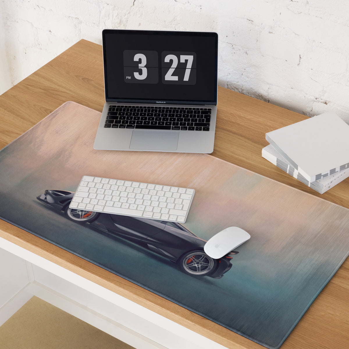 Black sports car graphic printed on a large rectangular low-friction cloth desk mat inspired by mclaren 765lt carbon profile