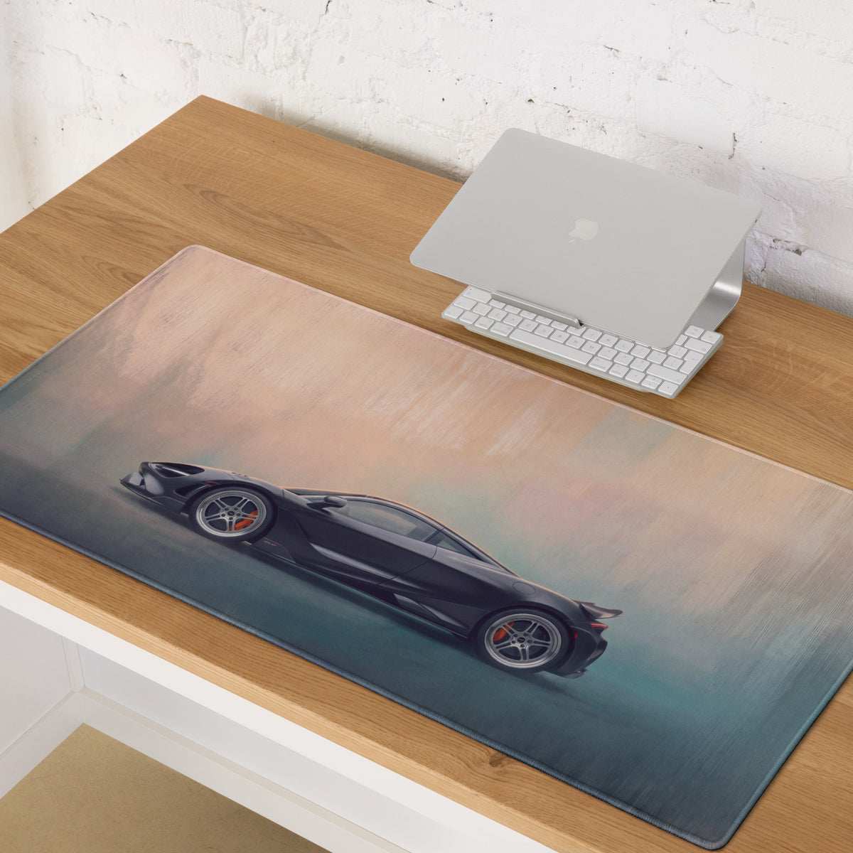 Black mclaren 765lt inspired carbon profile transparent low-friction cloth desk mat with sports car graphic