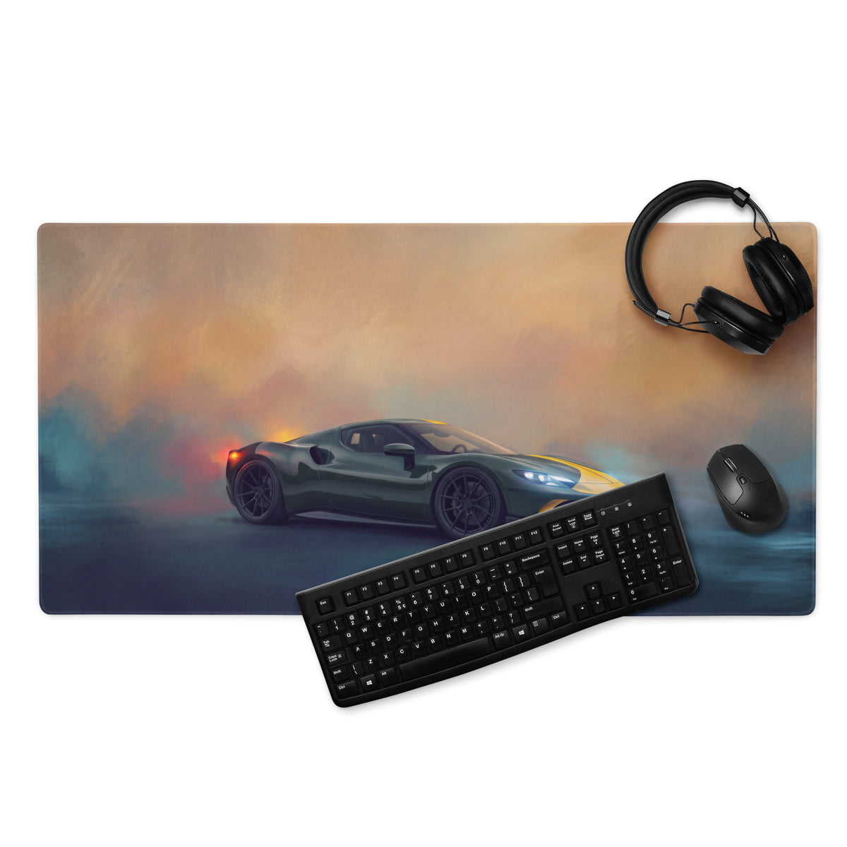 Ferrari 296 gtb inspired extended non slip pc mouse mat with dark green sports car graphic and black keyboard and mouse