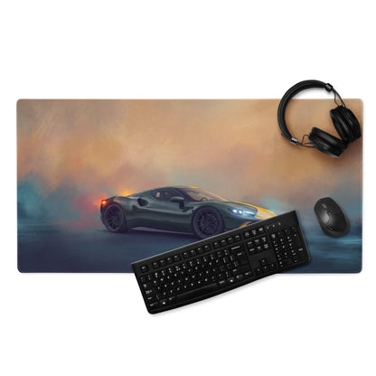 Ferrari 296 gtb inspired extended non slip pc mouse mat with dark green sports car graphic and black keyboard and mouse