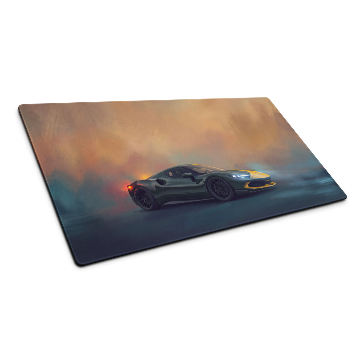 Rectangular Ferrari 296 GTB inspired glossy gaming mousepad with dark green and yellow sports car drifting design